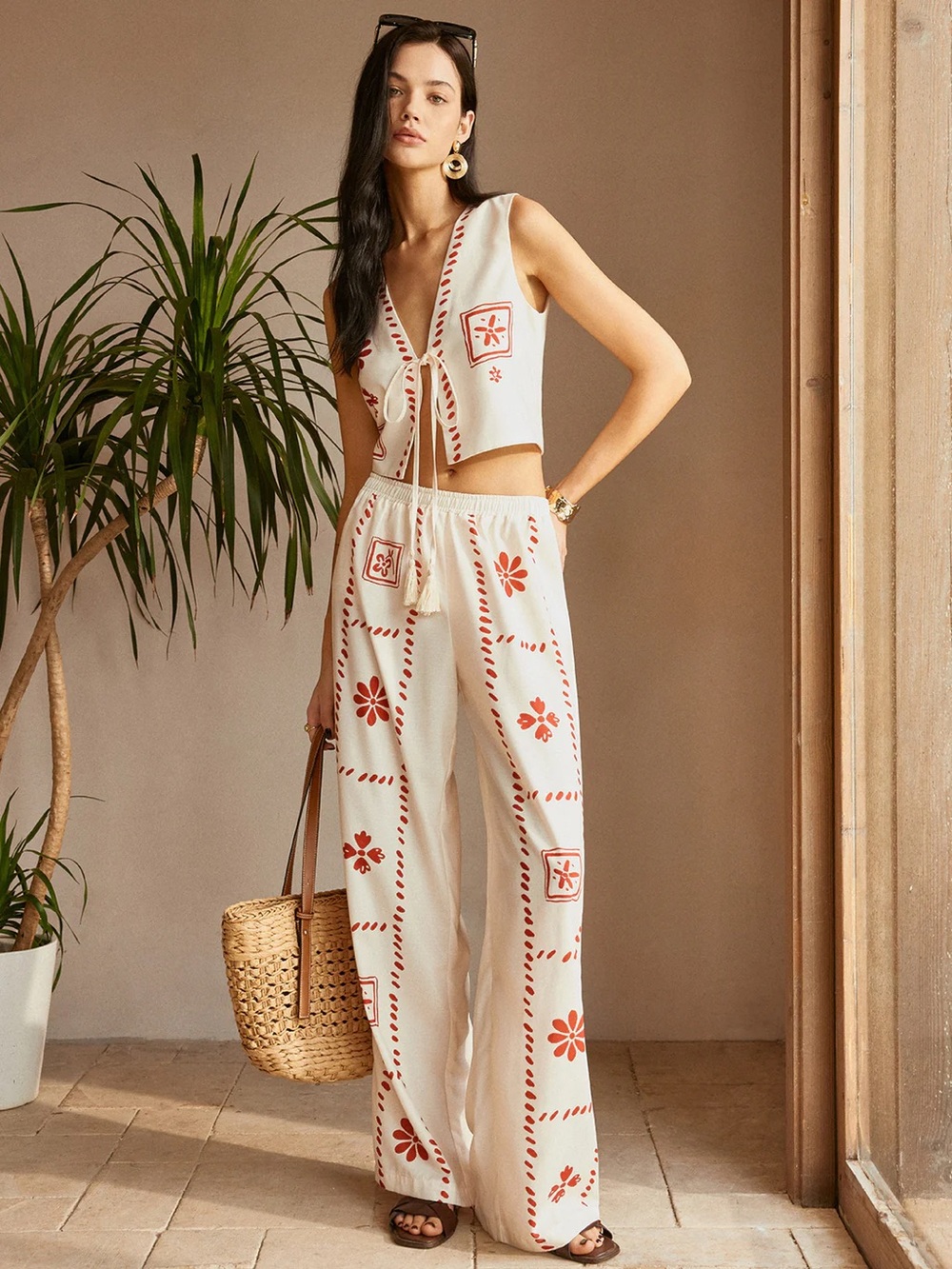 Commense Print Knotted Tassel Pants Set Size Small NWT